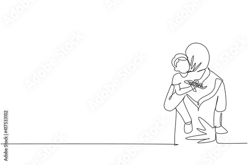 Single one line drawing of young Arabian mom carrying her sleepy boy go to the bedroom vector illustration. Happy Islamic muslim family parenting concept. Modern continuous line graphic draw design