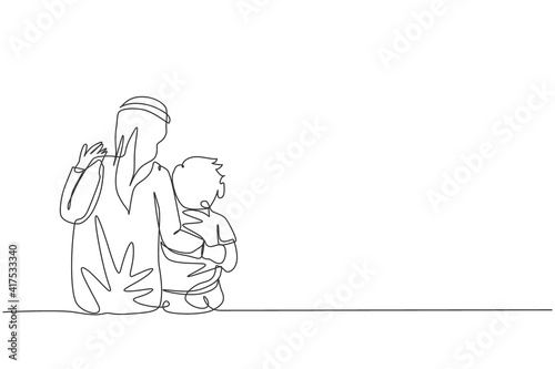 Continuous one line drawing of young Arabian dad and his son talking and sitting together. Happy Islamic muslim parenting family concept. Dynamic single line graphic draw design vector illustration