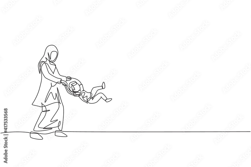 Single continuous line drawing of young Islamic mother play and swing her son boy up into the air at home, happy parenting. Arabian family care concept. Trendy one line draw design vector illustration Single continuous line drawing of young Islamic mother play and swing her son boy up into the air at home, happy parenting. Arabian family care concept. Trendy one line draw design vector illustration