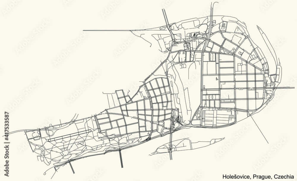 Black simple detailed street roads map on vintage beige background of the municipal district Holešovice cadastral area of Prague, Czech Republic