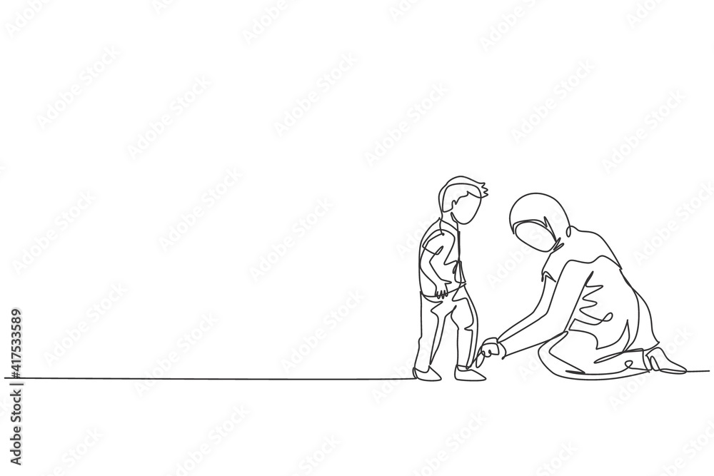 One single line drawing of young Islamic mom help her son to tie shoelace before go to the school vector illustration. Happy Arabian muslim family parenting concept. Modern continuous line draw design One single line drawing of young Islamic mom help her son to tie shoelace before go to the school vector illustration. Happy Arabian muslim family parenting concept. Modern continuous line draw design