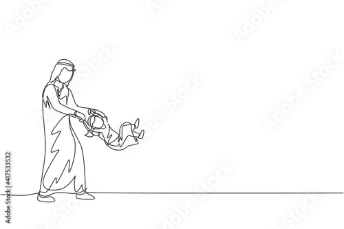 One continuous line drawing of young Arabian father play ang swing her daughter girl at home. Happy Islamic muslim loving parenting family concept. Dynamic single line draw design vector illustration
