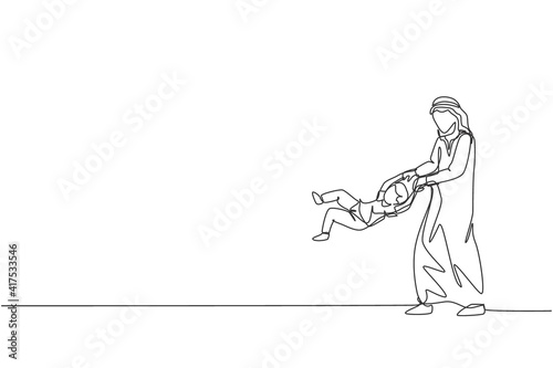 One single line drawing of young Arabian father play and lift his boy son up into the air at home vector illustration. Happy Islamic muslim family parenting concept. Modern continuous line draw design