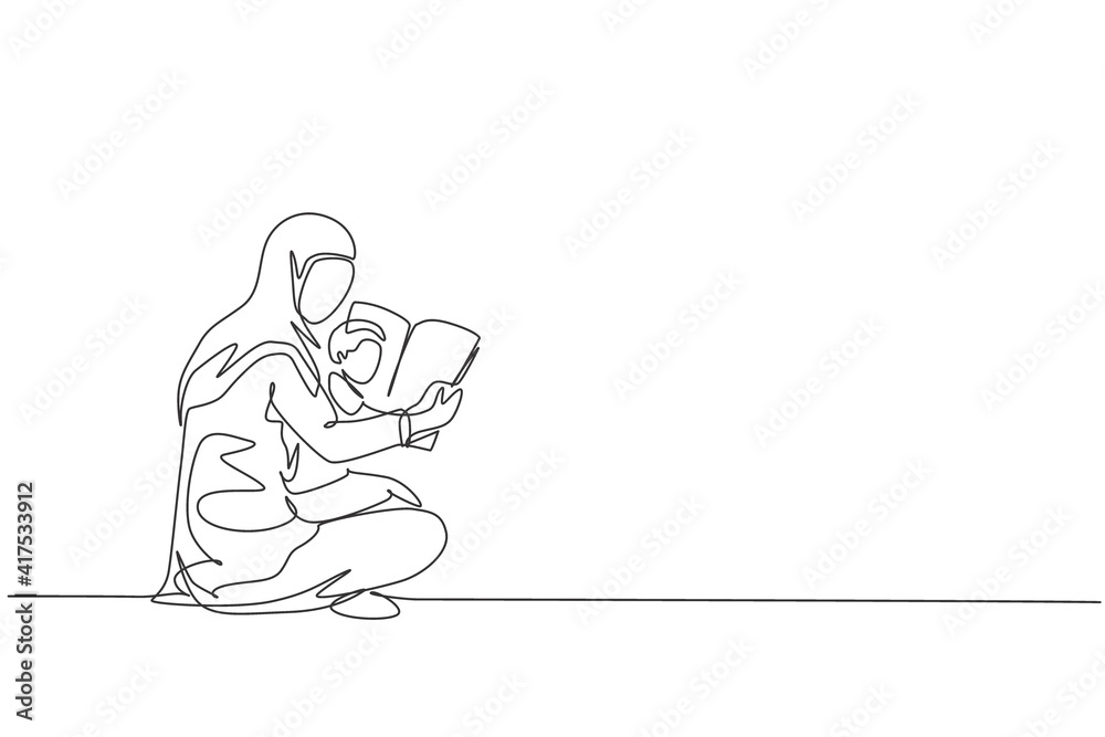 One single line drawing of young Arabian mother and son read fairy tale story book together on the floor vector illustration. Happy Islamic muslim family parenting concept. Continuous line draw design