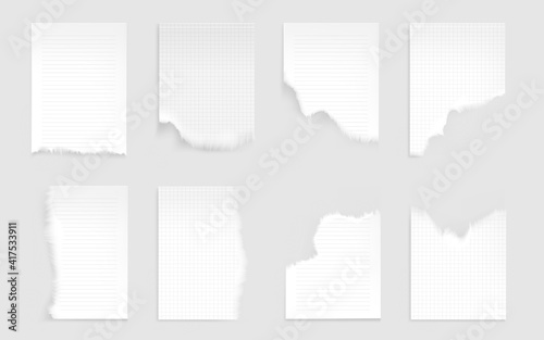 Notebook sheets with torn edges. Ragged lined and checkered blank pages for memo and daily planner empty notepad papers pieces isolated on white background. Realistic 3d vector illustration, set