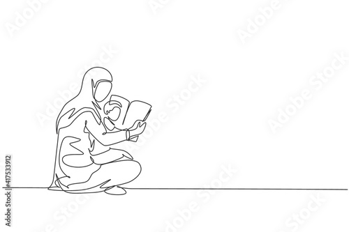 One single line drawing of young Arabian mother and son read fairy tale story book together on the floor vector illustration. Happy Islamic muslim family parenting concept. Continuous line draw design