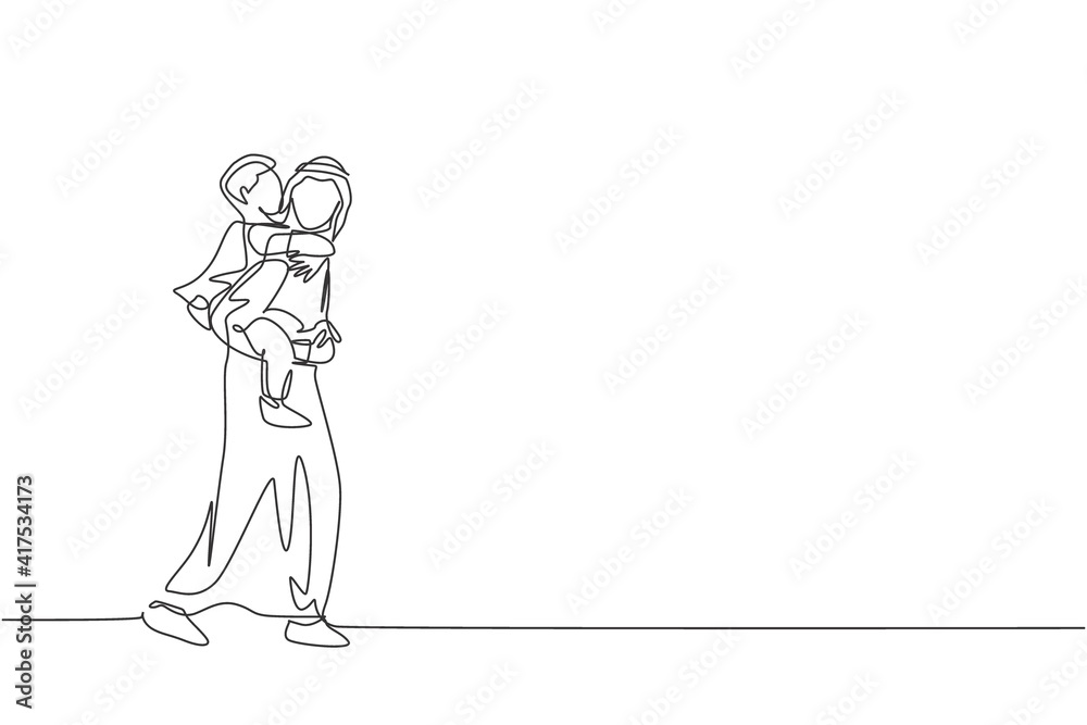 Single continuous line drawing of young Arabian father talk to son while carry on with piggyback style. Islamic muslim happy family fatherhood concept. Trendy one line draw design vector illustration Single continuous line drawing of young Arabian father talk to son while carry on with piggyback style. Islamic muslim happy family fatherhood concept. Trendy one line draw design vector illustration