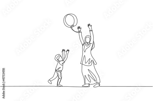 One single line drawing of young Arabian mother playing with her son ball throwing together vector illustration. Happy Islamic muslim family parenting concept. Modern continuous line draw design