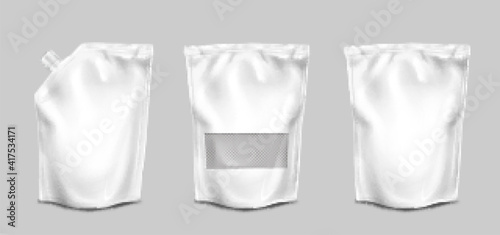 Doypack, pouch paper or foil bags with nozzle and transparent surface front view. Doy pack, sachet with clip isolated on white background. Food product blank packages, Realistic 3d vector mock up, set