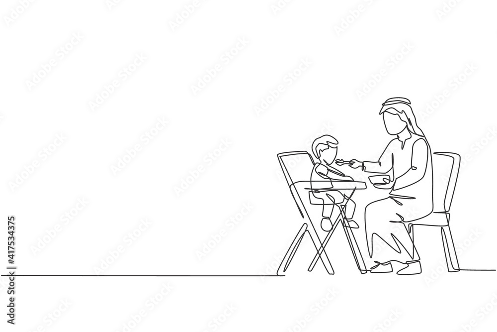 One single line drawing of young Islamic father giving food to his toddler boy on dining table vector illustration. Happy Arabian muslim family parenting concept. Modern continuous line draw design One single line drawing of young Islamic father giving food to his toddler boy on dining table vector illustration. Happy Arabian muslim family parenting concept. Modern continuous line draw design