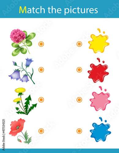 Match by color. Puzzle for kids. Matching game, education game for children. Flowers. What color are the objects? Worksheet for preschoolers.