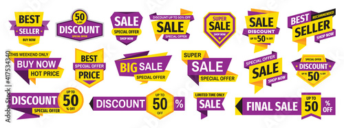 Sale tag design badge set. Discount abstract banner collection. Special offer, best price, buy now concept stickers. Clearance graphic messages. Violet, purple, yellow colors. Vector illustration.