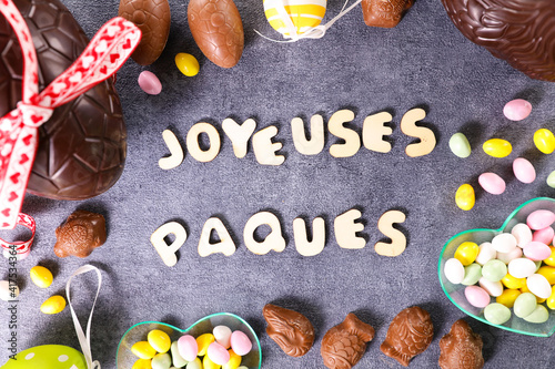 happy easter day and decoration- french text