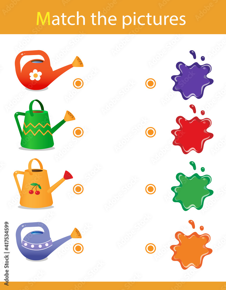 Fototapeta premium Match by color. Puzzle for kids. Matching game, education game for children. What color are the watering cans? Worksheet for preschoolers.