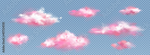 Realistic pink clouds, sunset or sunrise fluffy spindrift or cumulus eddies flying isolated on transparent background, weather and nature design elements, meteorology and climate 3d vector icons set