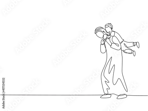 One continuous line drawing of young Arabian father playing with son and holding him on the back. Happy Islamic muslim parenting family concept. Dynamic single line draw design vector illustration