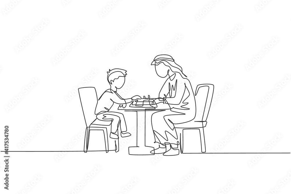 One single line drawing of young Arabian father and son seriously playing chess together at home vector illustration. Happy Islamic muslim family parenting concept. Modern continuous line draw design One single line drawing of young Arabian father and son seriously playing chess together at home vector illustration. Happy Islamic muslim family parenting concept. Modern continuous line draw design