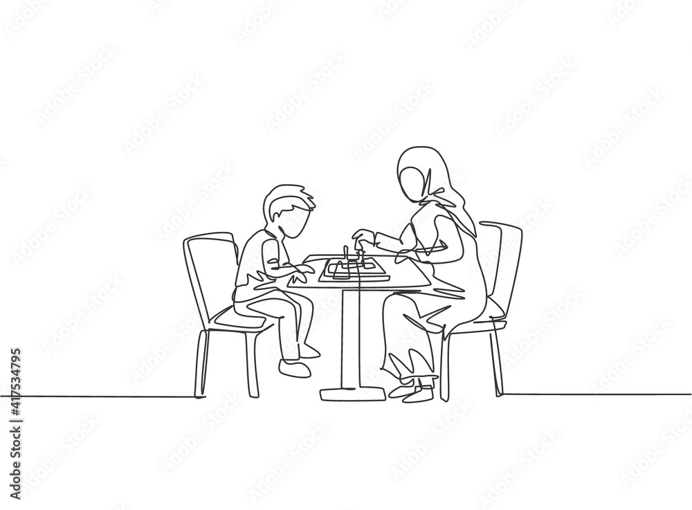 One single line drawing of young Arabian mother teach her son to play chess seriously at home vector illustration. Happy Islamic muslim family parenting concept. Modern continuous line draw design