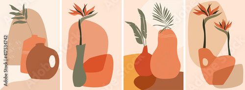A set compositions with exotic palm leaves and abstract vases, strelitzia flowers. A trendy contemporary design collage in an ecological style. Minimalist shapes in pastel colors on light background.