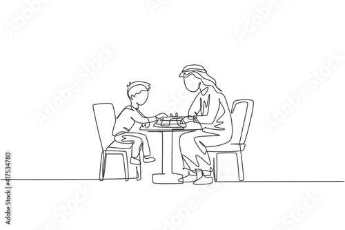 One single line drawing of young Arabian father and son seriously playing chess together at home vector illustration. Happy Islamic muslim family parenting concept. Modern continuous line draw design