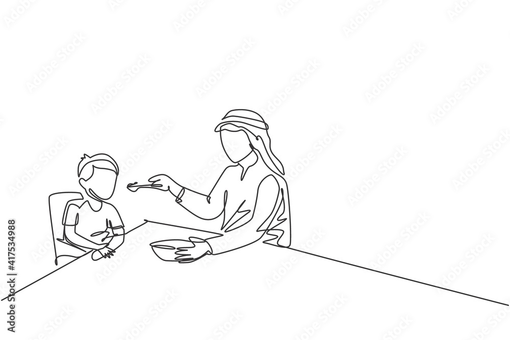 Single continuous line drawing of young Islamic father feeding food to his son at dining table at home. Arabian muslim happy family fatherhood concept. Trendy one line draw design vector illustration Single continuous line drawing of young Islamic father feeding food to his son at dining table at home. Arabian muslim happy family fatherhood concept. Trendy one line draw design vector illustration