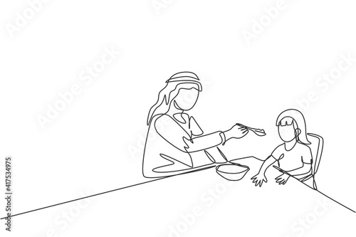 One single line drawing of young Islamic dad feeding nutritious food to daughter at lunch time vector illustration. Happy Arabian muslim family parenting concept. Modern continuous line draw design