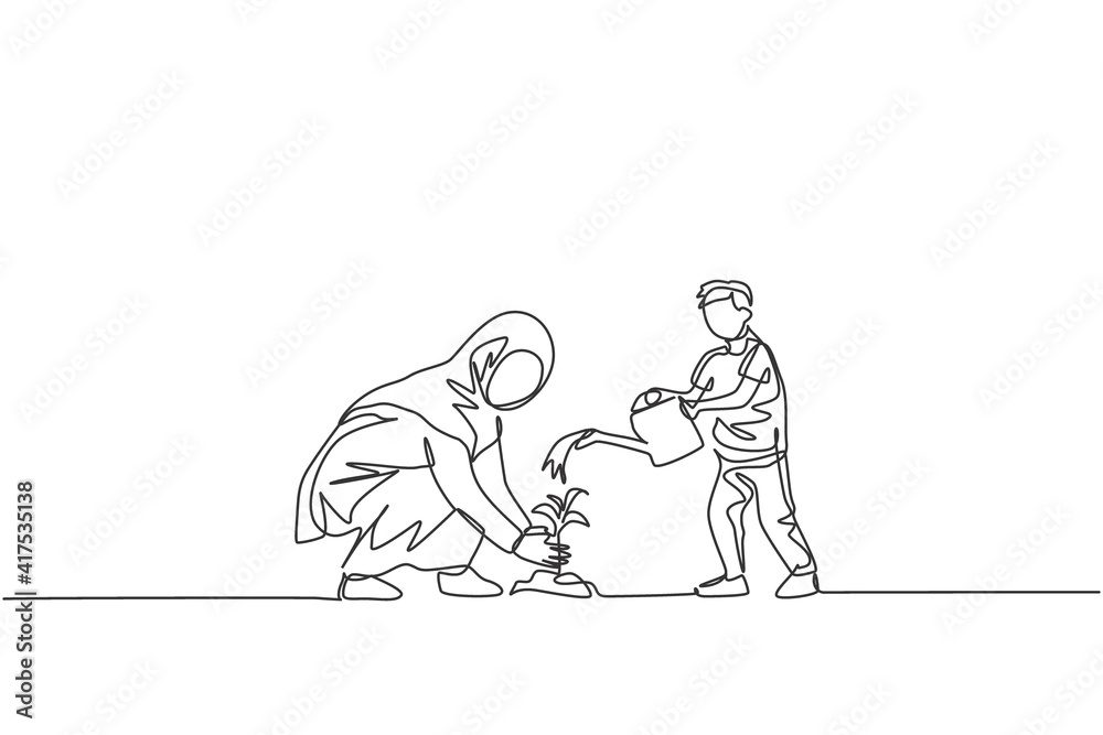 One single line drawing of young Islamic mother and her son planting a plant at house backyard vector illustration. Happy Arabian muslim family parenting concept. Modern continuous line draw design