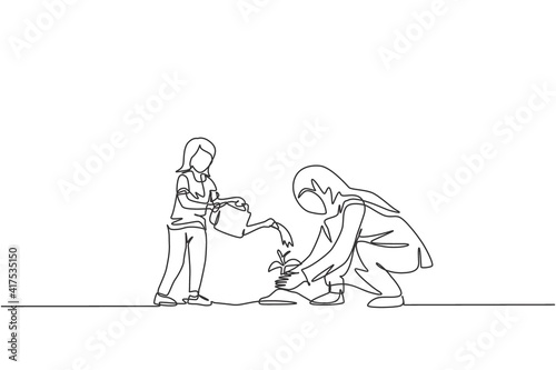 One single line drawing of young Islamic daughter help her mom watering planted plant on ground vector illustration. Happy Arabian muslim family parenting concept. Modern continuous line draw design