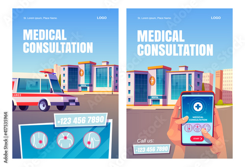 Online medical consultation app cartoon posters. Hands hold smartphone with application interface on hospital building background with ambulance on city street. Medicine, call service, vector banners