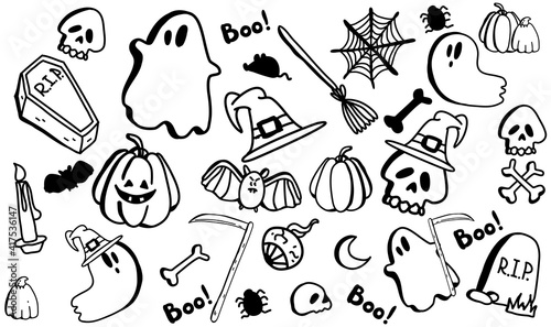 Vector set of halloween clipart. Funny, cute illustration for seasonal design, textile, decoration kids playroom or greeting card. Hand drawn prints and doodle.