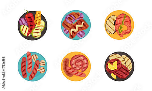 Grilled Food with Meat, Sausages and Vegetables Rested on Plate Top View Vector Set