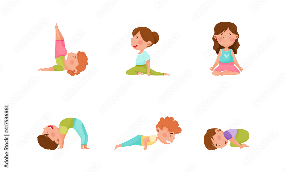 Little Boy and Girl Standing in Yoga Pose Breathing Deeply Vector Illustrations Set Little Boy and Girl Standing in Yoga Pose Breathing Deeply Vector Illustrations Set