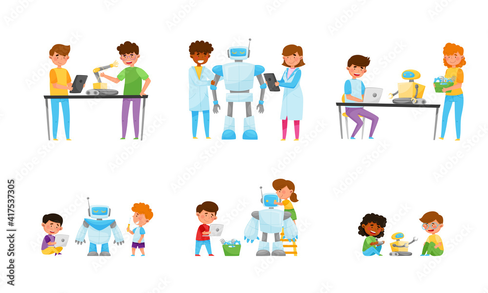 Children and Teenagers Sitting at Tables and Engineering Robots Vector Illustrations Set