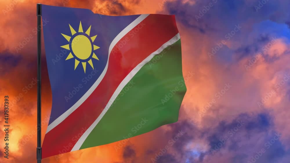 Namibia flag on pole with sky background seamless loop 3d animation