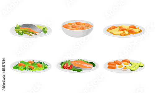 Salmon Dishes Served with Vegetables and Garnished with Pot Herbs Vector Set