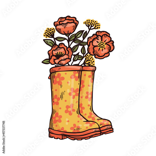 Rubber boots with flowers in bootleg cartoon vector illustration isolated.