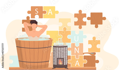 Naked guy stands in barrel and bathes. Man in tub against background of puzzle with inscription sauna. Male character in hot steam. Person cleaning skin in bathhouse with water heated by fire device