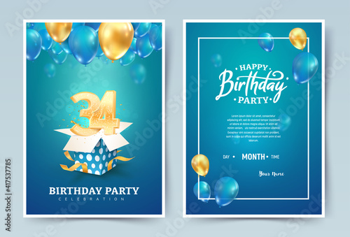 34 th years birthday vector invitation double card. Thirty four years anniversary celebration brochure. Template of invitational for print on blue background photo