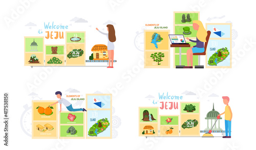 Welcome to Jeju island in South Korea, traditional landmarks, symbols, popular place for visiting tourists, jeju green tropical island travel concept. Korean land with traditional attractions