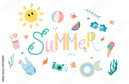 Set of pastel summer elements. Cute vector illustration with sun, seaweed, sunglasses, milkshake, camera, ball, swimsuit, ice cream, seashells, watermelon and bubbles. Summertime collection.
