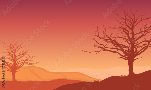 Beautiful colors of the twilight sky with views of the mountains and trees. Vector illustration