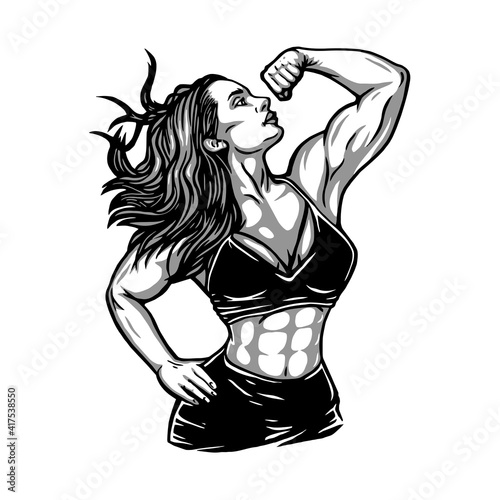 Muscular fitness long  hair girl posing, vector, logo, cartoon, mascot, character