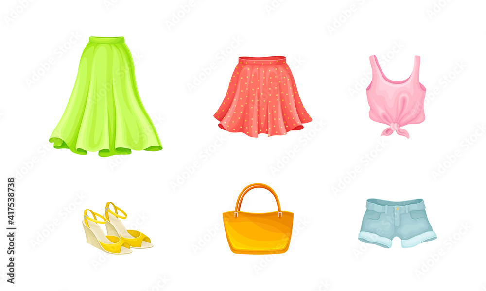 Summer Clothing with Light Flared Skirt, Tank Top, Shorts and Open Toe Shoes Vector Set