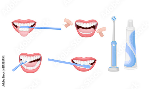 Oral Hygiene with Toothbrush and Toothpaste for Teeth Brushing Procedure Vector Set