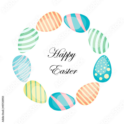 Easter wreath with hand drawn colored Easter eggs isolated on white background. Decorative doodle frame made of Easter eggs. Ornamented Easter eggs circular shape. Vector circle ornament illustration
