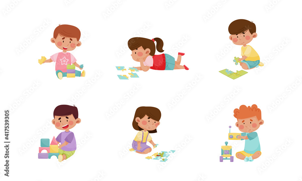 Little Boy and Girl Sitting on the Floor and Playing with Construction and Puzzle Toy Vector Set Little Boy and Girl Sitting on the Floor and Playing with Construction and Puzzle Toy Vector Set