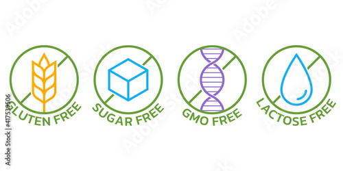 Gluten free, GMO free, sugar free, lactose free icon set. Allergy logos. Product packaging labels. Vector illustration.
