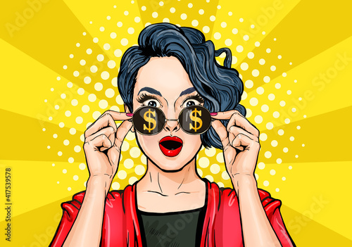 Amazing woman in glasses with dollar sign get rich. Casino player or lottery winner.Lucky girl see big money,financial success. Surprised, shocked lady with open mouth. 