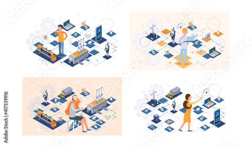 Industry automation production line, internet of things set technology. Person engineer controls manufacturing equipment using digital devices, modern industrial technologies 4ir revolution, AI, IoT photo