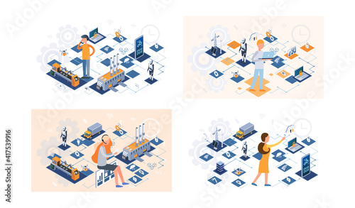 Industry automation production line, internet of things set technology. Person engineer controls manufacturing equipment using digital devices, modern industrial technologies 4ir revolution, AI, IoT